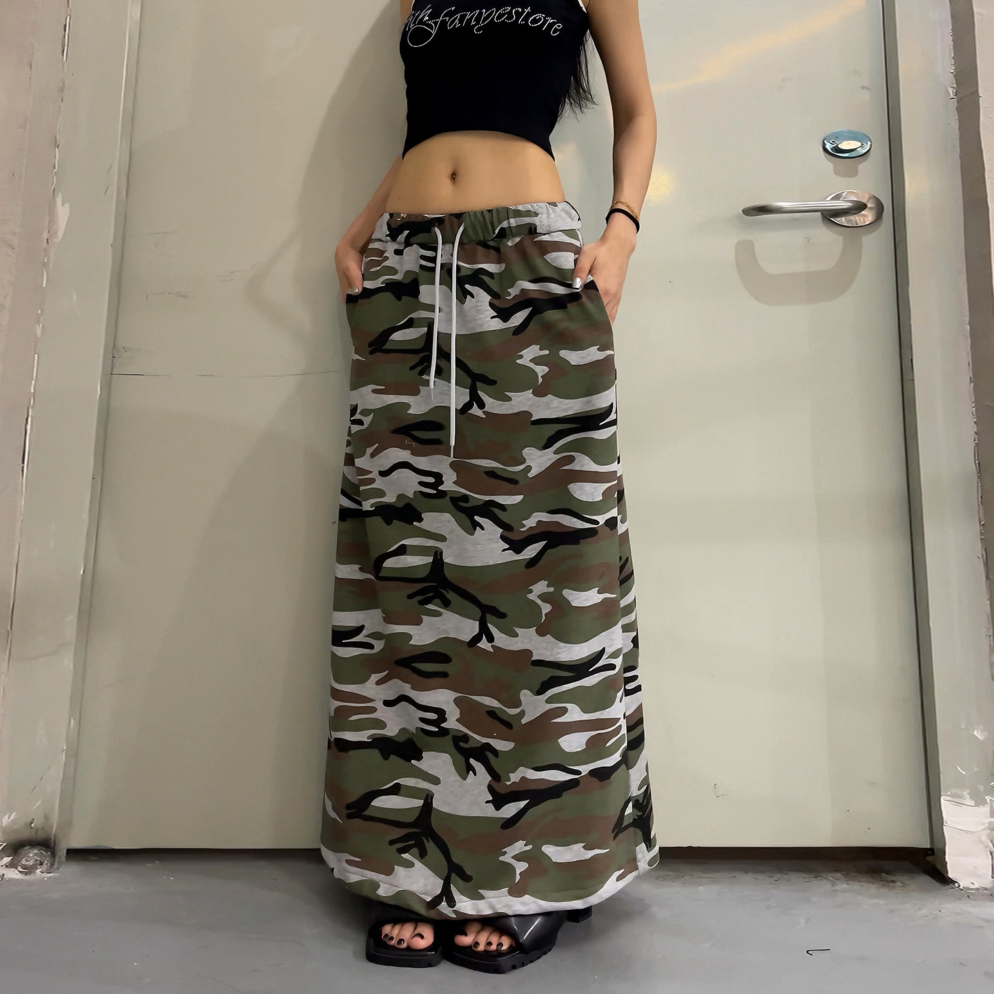 DoubleD美式复古迷彩抽绳半身裙女夏季宽松慵懒风中长款垂感裙子
