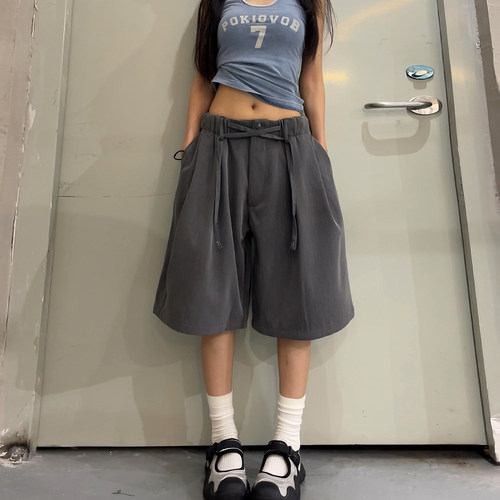 高腰阔腿五分裤女夏季薄款显瘦