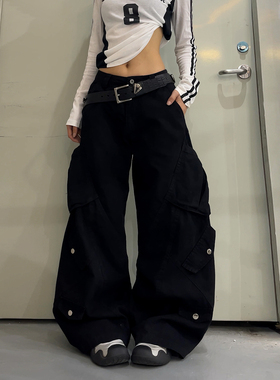 DoubleD美式复古cleanfit解构多口袋弯刀工装裤男女宽松黑休闲裤