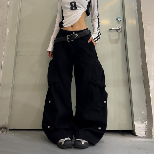 黑色工装多口袋宽松阔腿休闲裤女
