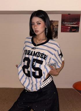 DoubleD美式复古条纹球衣短袖T恤女宽松数字贴布绣设计感运动上衣