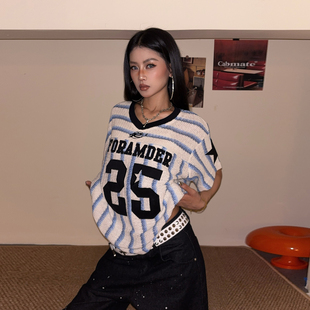 DoubleD美式 T恤女宽松数字贴布绣设计感运动上衣 复古条纹球衣短袖