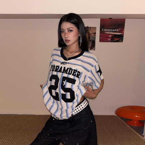 美式复古条纹宽松短袖球衣T恤女