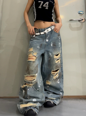DoubleD美式喷漆脏染水洗做旧破洞牛仔裤男女高街直筒阔腿拖地裤