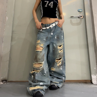 男女高街直筒阔腿拖地裤 喷漆脏染水洗做旧破洞牛仔裤 DoubleD美式