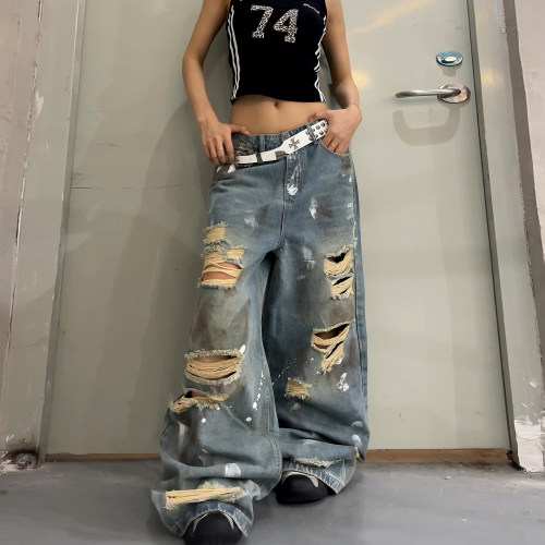 美式复古做旧破洞直筒牛仔裤女