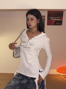DoubleD美式哥特风柳钉连帽流苏荷叶边长袖T恤女辣妹打底衫上衣秋