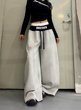 DoubleD美式假两件拼接双腰头字母弯刀卫裤女垂感宽松休闲阔腿裤
