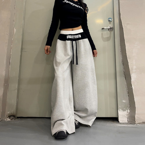 美式假两件高腰宽松阔腿卫裤女
