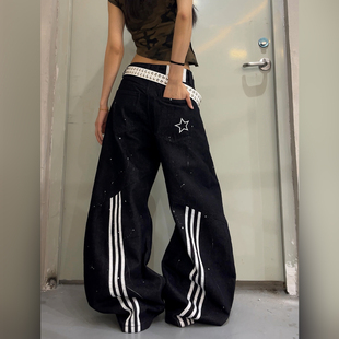 男女设计感阔腿裤 潮 星星解构条纹拼接泼墨弯刀牛仔裤 DoubleD美式