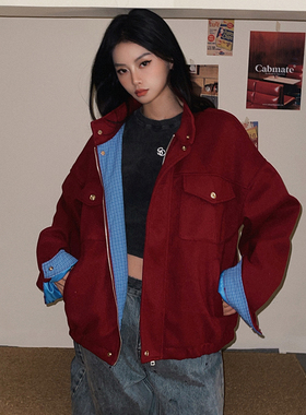 DoubleD巴恩风安克拉红色毛呢春款外套女高级感立领百搭工装夹克