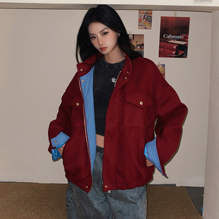DoubleD巴恩风安克拉红色毛呢春款外套女高级感立领百搭工装夹克