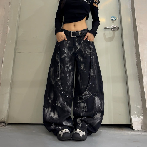 美式做旧涂鸦阔腿牛仔裤女