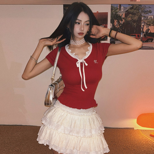 蕾丝花边蝴蝶结修身款短袖T恤