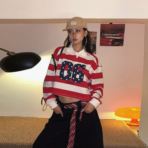 美式复古辣妹条纹polo领卫衣女