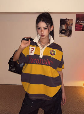 DoubleD美式运动撞色条纹贴布刺绣短袖POLO衫男女夏宽松痞帅上衣