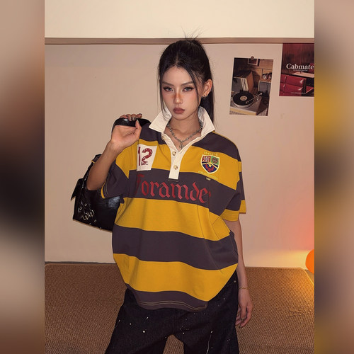 撞色条纹POLO领短袖T恤女宽松