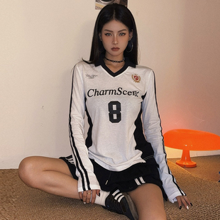 DoubleD美式辣妹撞色拼接球衣长袖女秋季运动修身polo衫上衣