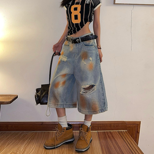 DoubleD美式 七分裤 男女宽松阔腿裤 子 复古水洗破洞重工脏染牛仔裤