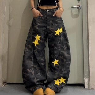 DoubleD美式 弯刀裤 男女阔腿拖地长裤 子 街头星星贴布刺绣迷彩工装