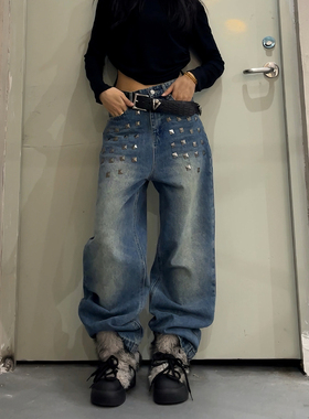 DoubleD蓝色做旧猫须水洗baggy铆钉装饰牛仔裤设计感宽松直通长裤