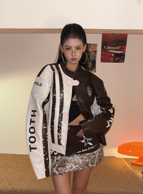 DoubleD美式PU皮衣做旧撞色运动夹克男女立领机车服垫肩皮外套潮