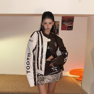 DoubleD美式 PU皮衣做旧撞色运动夹克男女立领机车服垫肩皮外套潮