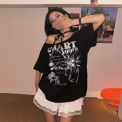 性感露肩个性印花短袖