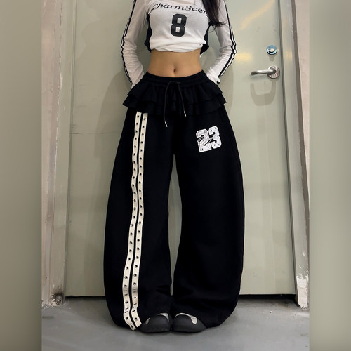 美式数字印花条纹阔腿拖地休闲裤