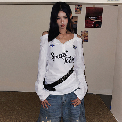 DOUBLED美式辣妹露肩设计感吊带拼接长袖T恤秋季宽松打底衫上衣