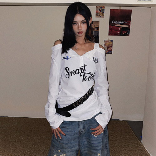 DOUBLED美式辣妹露肩设计感吊带拼接长袖T恤秋季宽松打底衫上衣