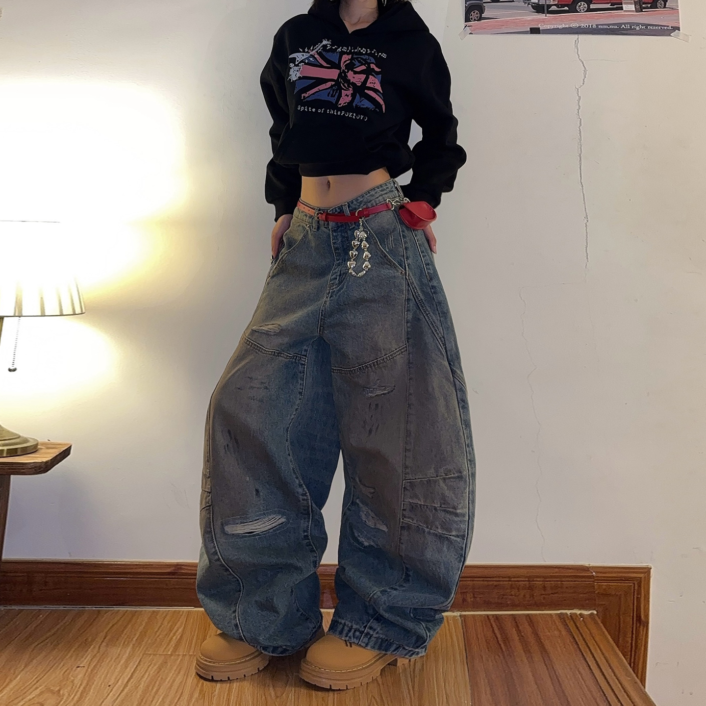 美式复古水洗做旧破洞牛仔裤女