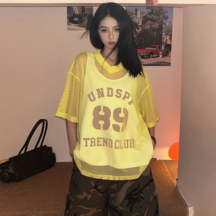 街头V领假两件网眼球衣泽西风短袖 DoubleD美式 T恤女宽松运动上衣