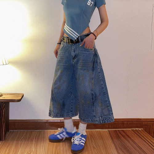 美式潮流水洗牛仔短裤女