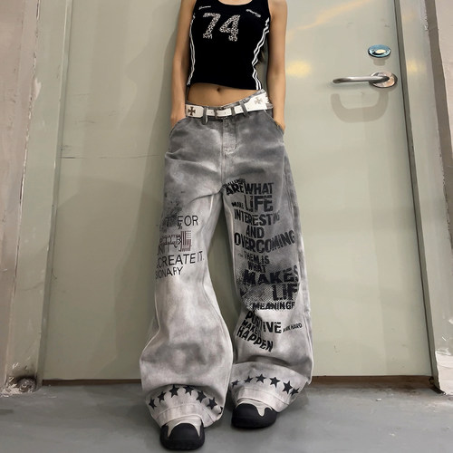 2026女美式涂鸦阔腿牛仔裤