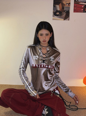 DoubleD美式复古缎面绑带长袖T恤女运动风球衣辣妹修身显瘦短上衣