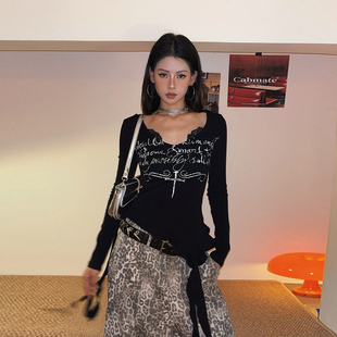 上衣 T恤女不规则打底修身 DoubleD美式 复古辣妹蕾丝拼接荷叶边长袖