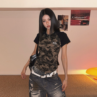 T恤女夏季 DoubleD美式 街头撞色迷彩插肩袖 短款 辣妹显瘦设计感短袖