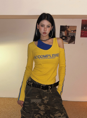 DoubleD美式辣妹撞色假两件长袖T恤女秋季修身显瘦露肩打底衫上衣