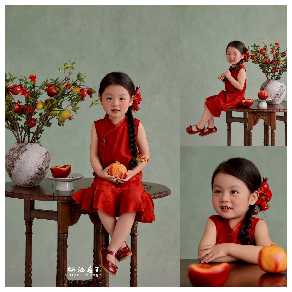 新款儿童摄影3-10岁国风萌娃石榴红旗袍裙尽显东方中式美学韵味,童装/婴儿装/亲子装,套装,淘宝优惠券,粉丝福利购,淘宝优惠卷