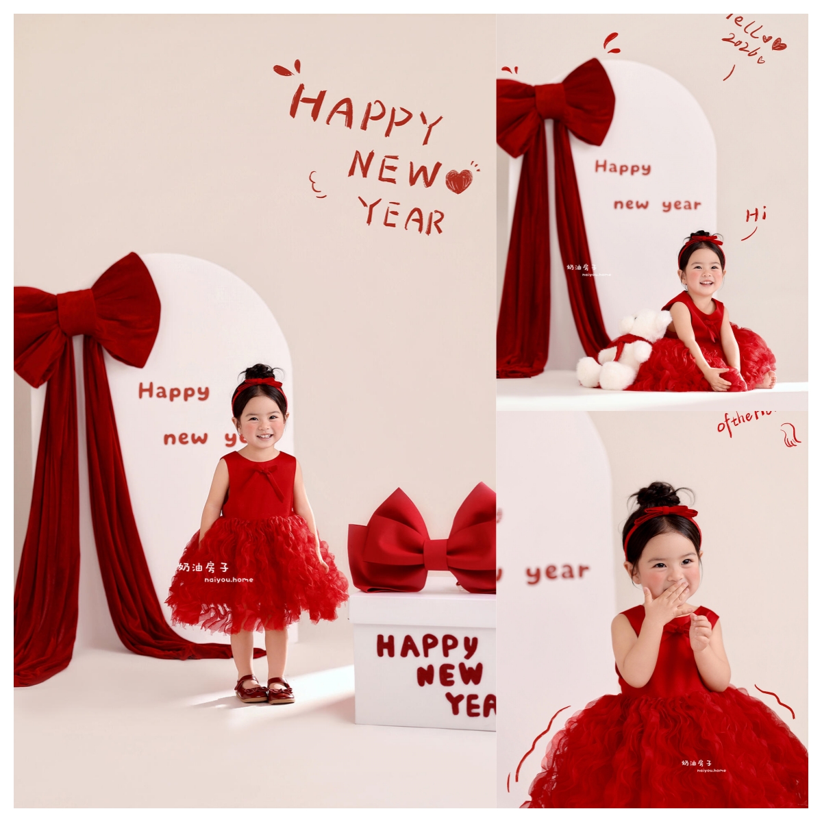 新款儿童摄影新年氛围感儿童写真场景红裙配蝴蝶结道具影楼拍摄