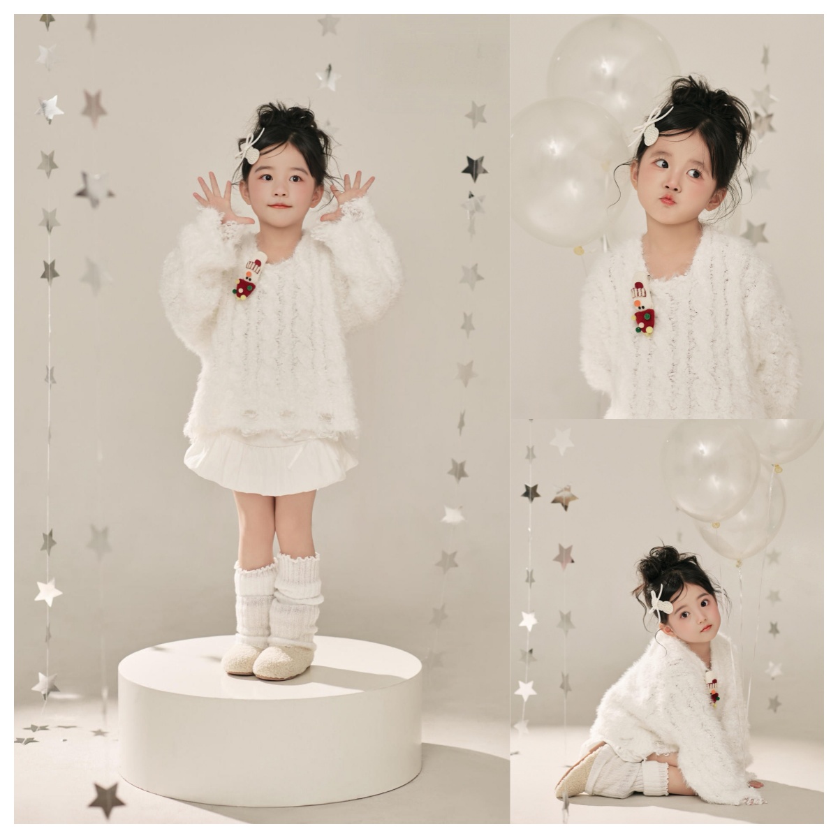 儿童摄影主题穿搭白色毛绒针织衫堆堆袜定格纯真烂漫的星光童年