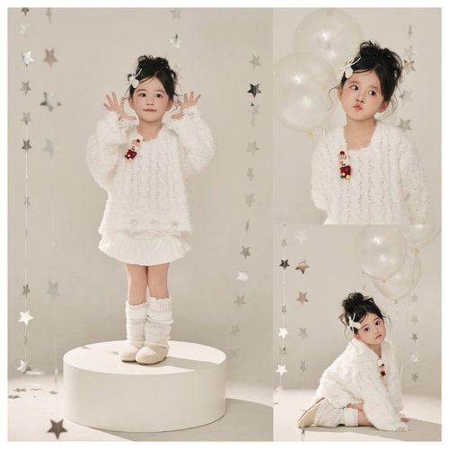 儿童摄影主题穿搭白色毛绒针织衫堆堆袜定格纯真烂漫的星光童年