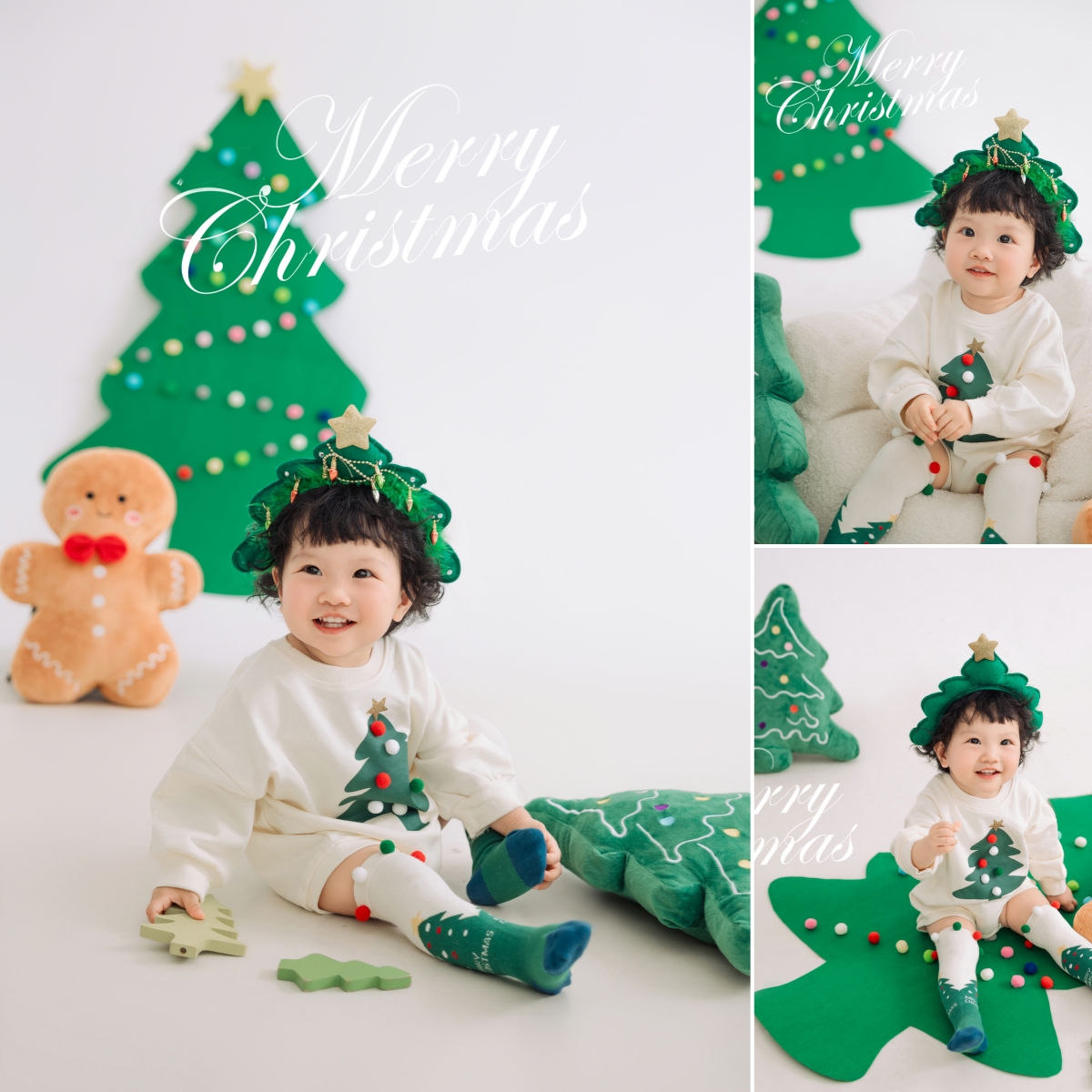 2025年新款儿童摄影白色哈衣卡通圣诞节日款主题影楼拍摄服装道具