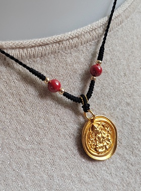 铜镀沙金色财神吊坠神兽图腾平安圆吊牌项链八宝罗盘镂空福字古法
