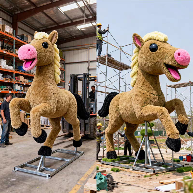 2026马年仿真绿雕马造型景观摆件商业街景区春节户外大型打卡美陈