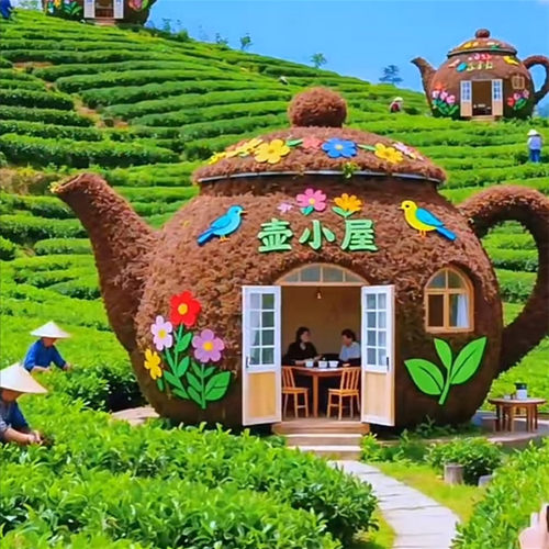 巨型绿雕茶壶凉亭景观户外景区仿真绿雕茶壶景观小品网红打卡装置