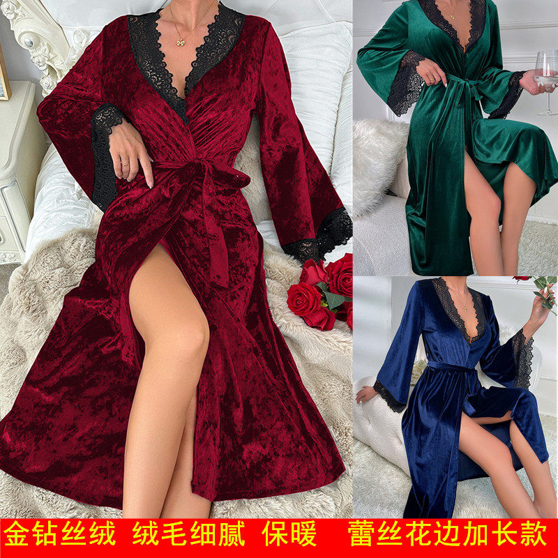 金丝绒浴袍暗恋橘加长睡袍轻奢女