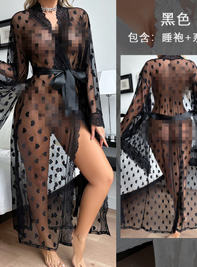 性感网纱超长睡袍黑色夏女冰丝大喇叭袖爱心雪纺蕾丝透明白色浴袍