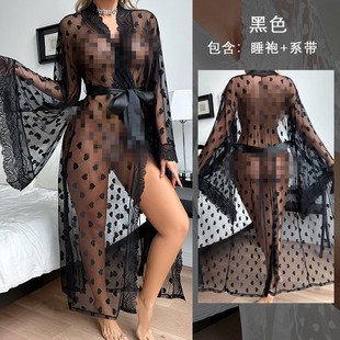 性感网纱超长睡袍黑色夏女冰丝大喇叭袖 爱心雪纺蕾丝透明白色浴袍